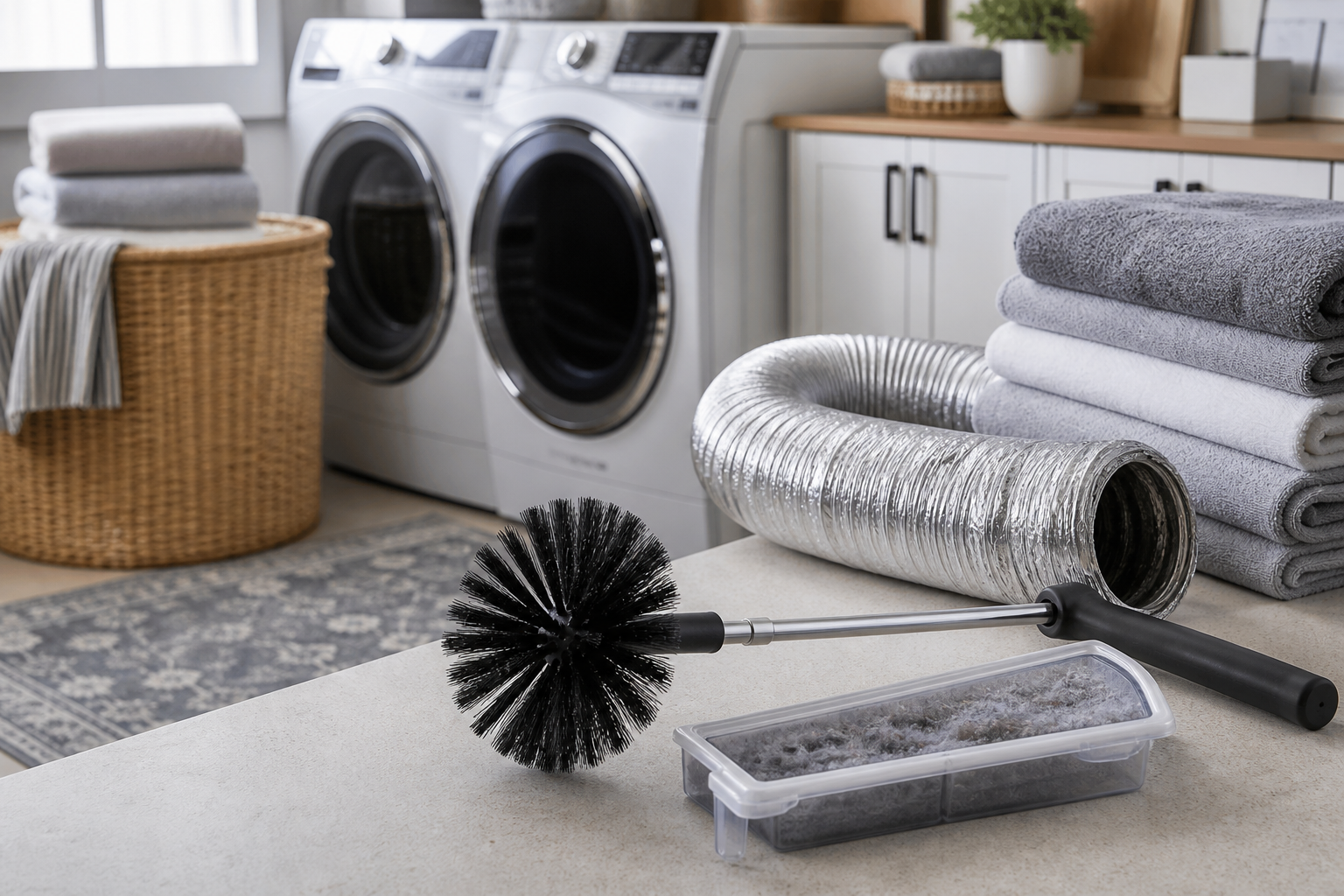 Dryer vent cleaning brush and laundry room airflow fix