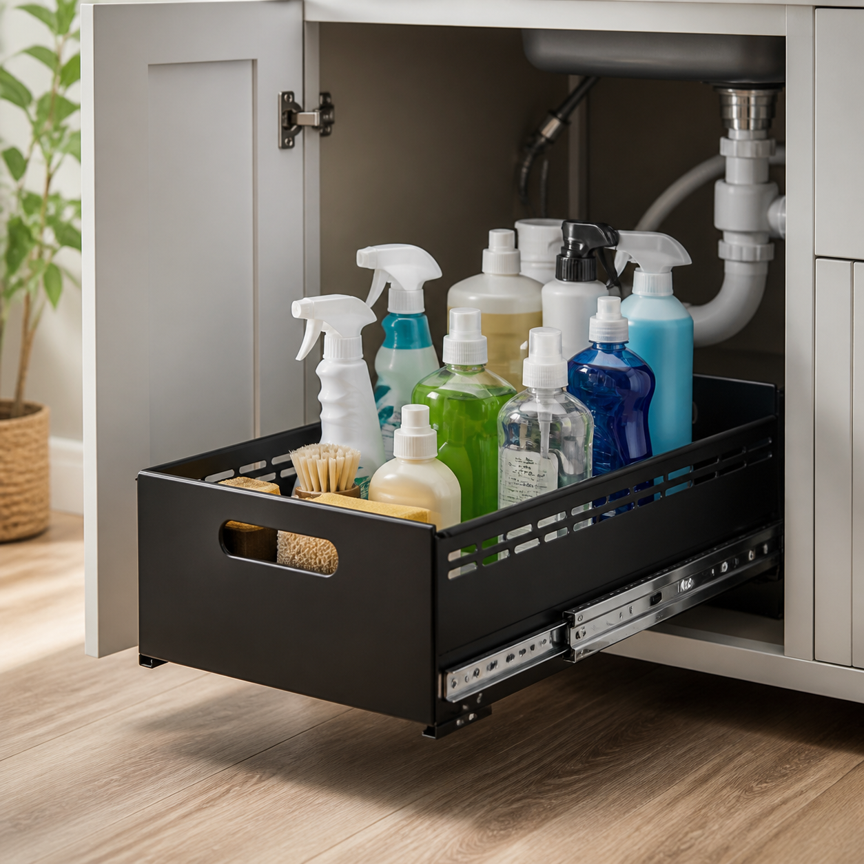 Cleaning supplies stored in a pull-out under-sink organizer